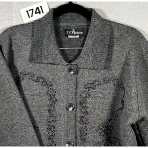 T-C Fashion Cardigan Sweater Womens Large Gray Cotton Floral Beaded Winter